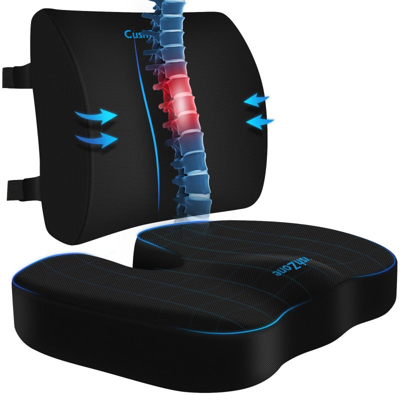 CushZone Seat Cushion Lumbar Support Pillow with Adjustable StrapChair Cushions for Sciatica Pain Reliefwith Washable Cover for Car Travel and Wheelchair Black XLarge